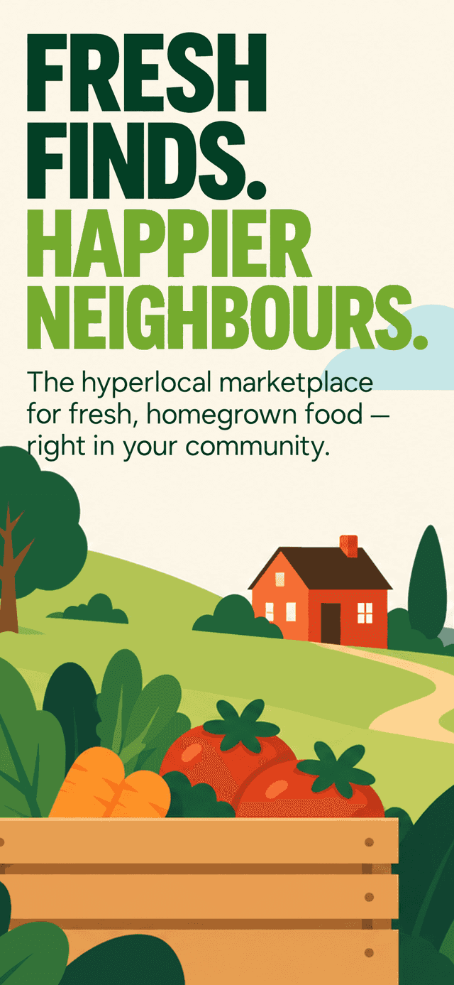 Cropdrop app intro screen: ‘Fresh finds. Happier neighbours.’ — the hyperlocal marketplace for fresh, homegrown food.