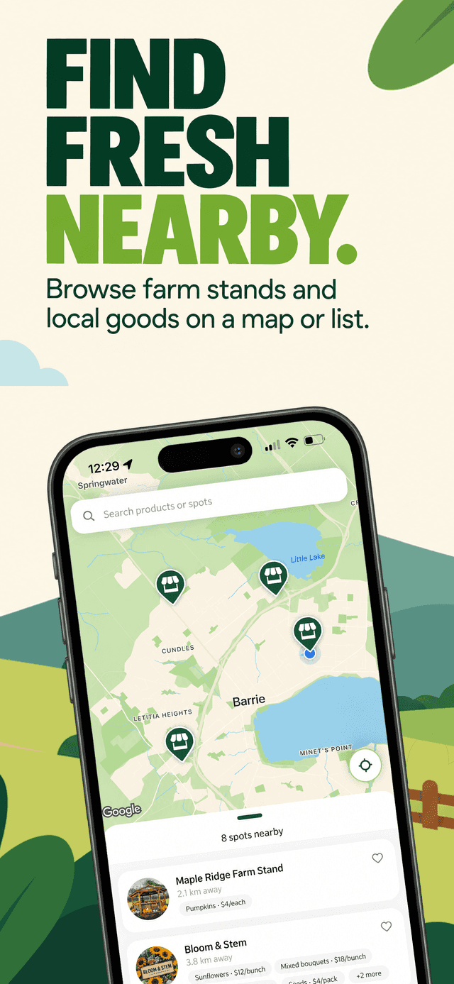 Map view in the Cropdrop app showing nearby farm stands and local spots.