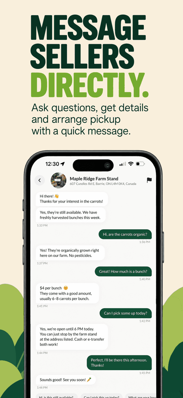 In-app chat in the Cropdrop app: messaging a seller directly to ask about availability and arrange pickup.