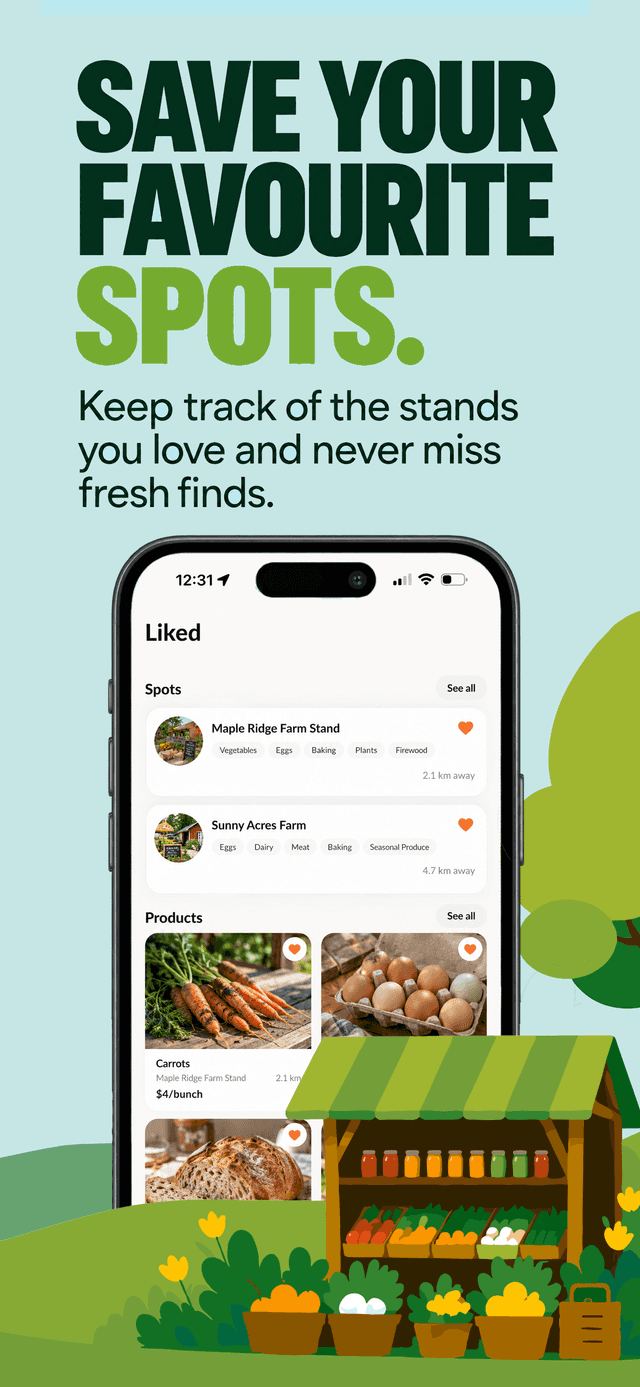 Liked spots and saved products screen in the Cropdrop app.